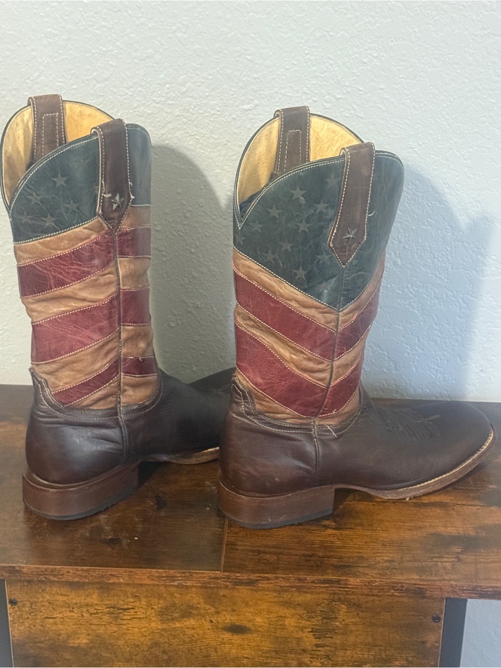 Roper Brown Leather Western Boots with Red, Cream & Blue Flag Shaft   8 1/2EE